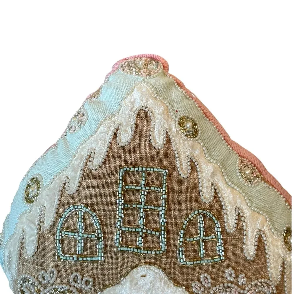 Sugarplum Dreams Christmas Gingerbread House Throw Pillow 17x15  Beaded NEW